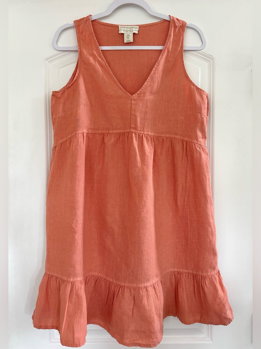 Cynthia ROWLEY 100% Linen Short Sleeveless Dress Coral Salmon Terracotta Peach